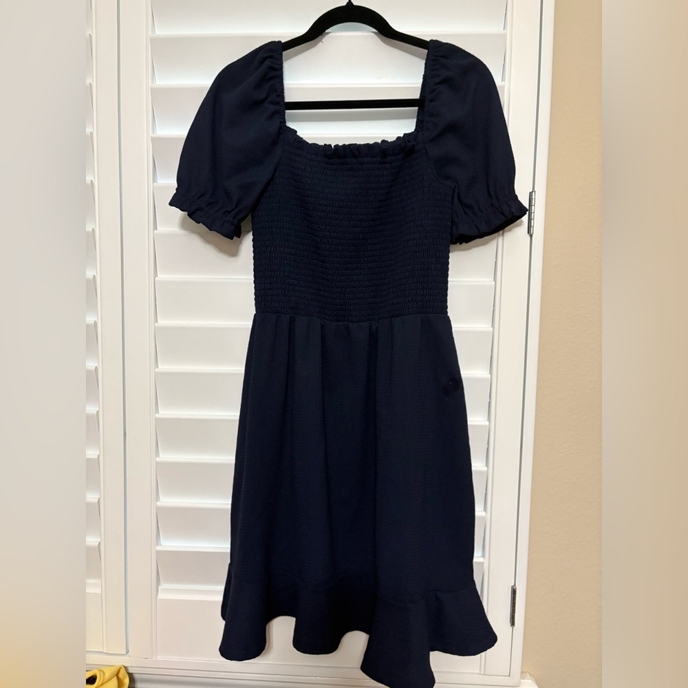 MICHAEL Michael Kors Navy Blue Smocked Bodice Puff Sleeve Dress Size M